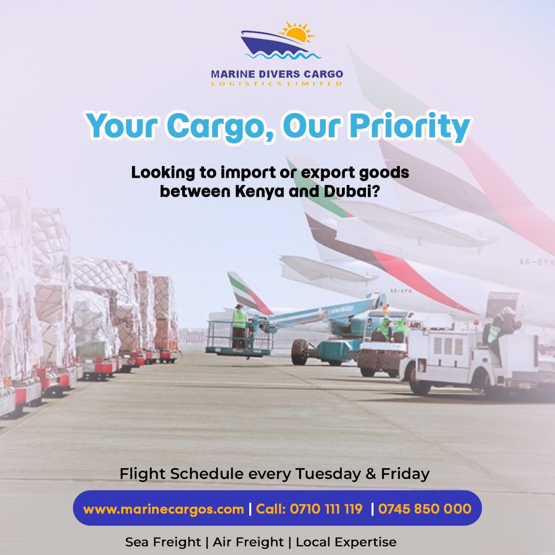MarineDiversCL's tweet photo. Your Business Deserves a Logistics Partner You Can Trust . Contact us today for rates and schedules.
Call: 0710 111 119 | 0745 850 000 

#NewMonth #AirFreight #SeaFreight #CargoSolutions #MarineDiversCargo https://t.co/Ef3PbhDbhZ