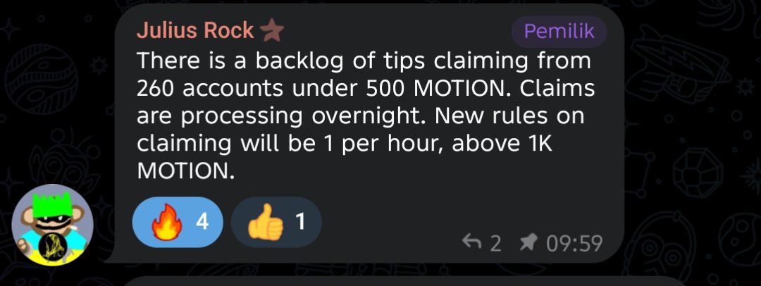 xenzz0303's tweet photo. Update buat yang lagi farming $MOTION

Ternyata sekarang ada backlog 260 akun yang claim tip-nya masih di bawah 500 MOTION, dan prosesnya bakal dikerjakan overnight.

Untuk aturan baru: → Claim dibatasi 1x per jam
→ Berlaku untuk akun dengan 1K+ MOTION

Jadi jangan buru-buru spam tip. Lebih baik kumpulin Power dan gunakan dengan lebih teratur.

Pelan-pelan, yang penting konsisten.
$MOTION @motiontip
