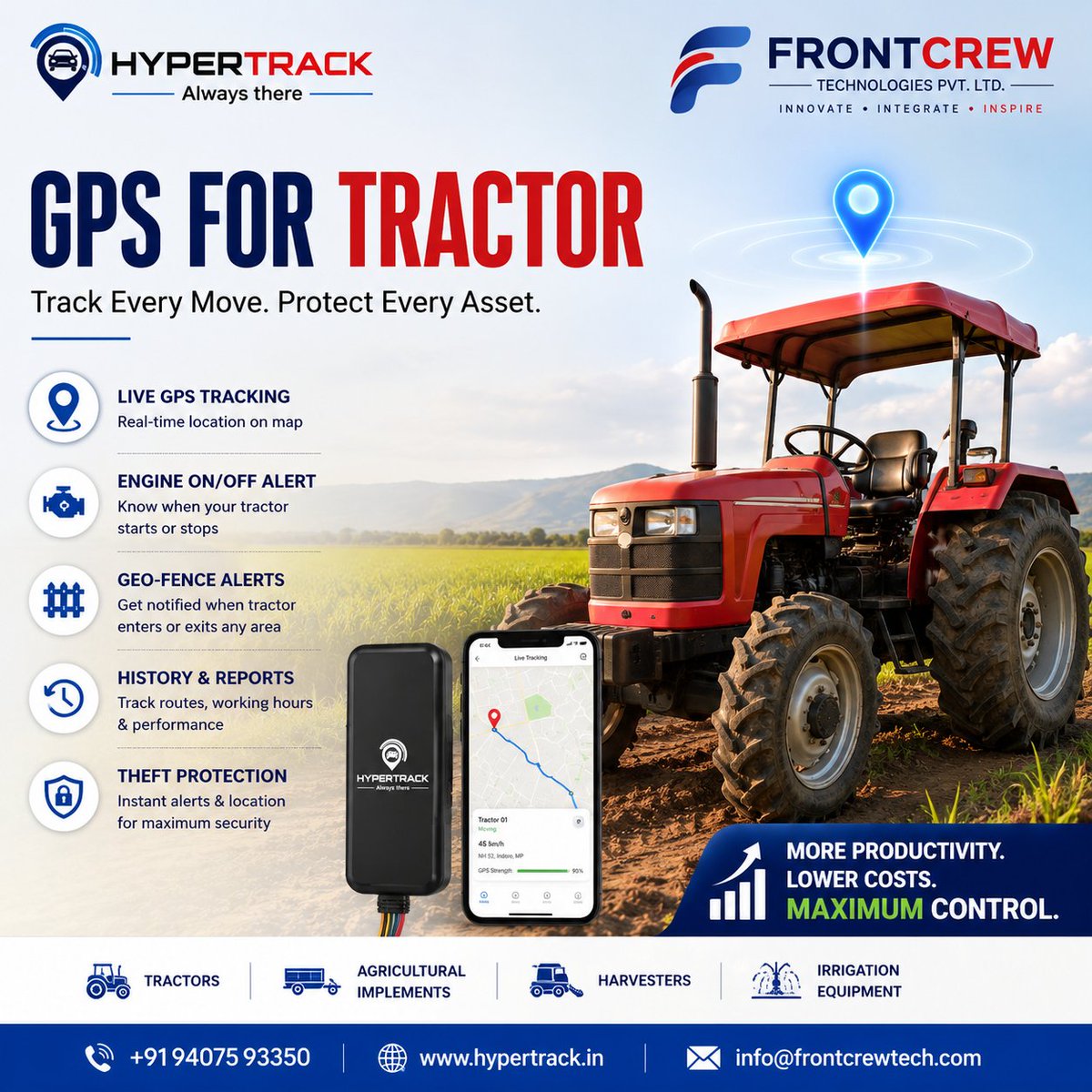 HyperTrackIndia's tweet photo. 🚜 Your Tractor. Your Asset. Your Control.

Stay connected with HyperTrack GPS.

📍 Live Location
🚨 Theft &amp; Movement Alerts
📌 Geo-Fencing
⚙️ Engine Monitoring

📞 +91 94075 93350
🌐 https://t.co/is53vOFRCS

#TractorGPS #GPSForTractor #SmartFarming #GPSTracking #HyperTrack #IoT https://t.co/0EXkYkZHRM