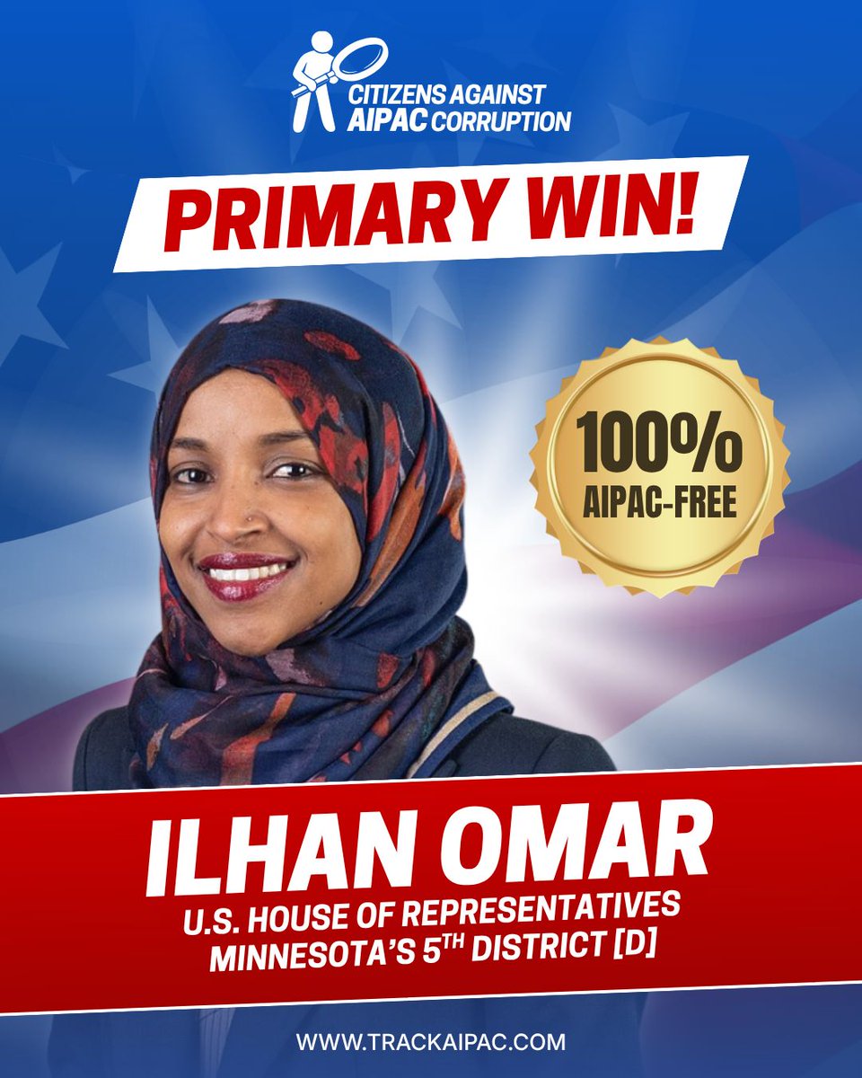 TrackAIPAC's tweet photo. Congratulations to Rep. @IlhanMN for securing the Democratic nomination in #MN05!

Standing against genocide is good policy and good politics! https://t.co/mAff3qtTcm
