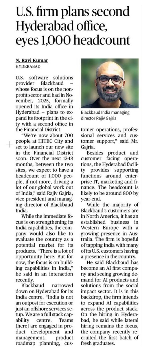revanthannanews's tweet photo. 🌟 #Hyderabad Attracts Blackbaud’s Next Phase of Growth
🔹 #Blackbaud to open a second Hyderabad office
🔹Headcount expected to reach 1,000+ within 12–18 months
🔹City hub drives global product, AI and customer operations
#GCC #Jobs #Telangana @revanth_anumula @the_hindu https://t.co/q6oCSTta6L