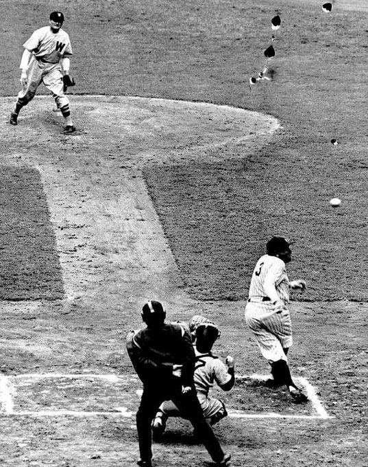 Jimfrombaseball's tweet photo. "Babe Ruth once suffered the humiliation of having the great Walter Johnson of the Washington Senators throw three straight fastballs past him.
Babe Ruth asked the umpire if he had seen any of the pitches.
"No" replied the umpire.
"Neither did I," said Ruth.
"But that last one  sounded kinda high to me".
Babe Ruth takes a mighty swing against Walter Johnson in an exhibition game!