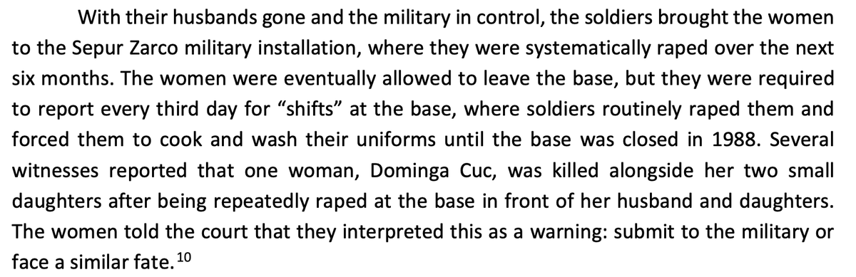 _alice_evans's tweet photo. Human history is, essentially, a very long story of violent male coalitions killing other male coalitions, and taking their women, then enforcing righteous dominance.

In Guatemala, for example, the army and paramiliaries killed over 200,000 people (mostly Maya), and forced women into sexual slavery.

But what's remarkable about this particular case is that, with UN support, the poorest, most disadvantaged women took male military elites to court, and secured accountability.

Those of us who live in societies where states, lawyers and feminist activists have built up criminal justice systems that punish male violence and create credible deterrence are - in the great sweep of history - statistical anomalies, and very fortunate.