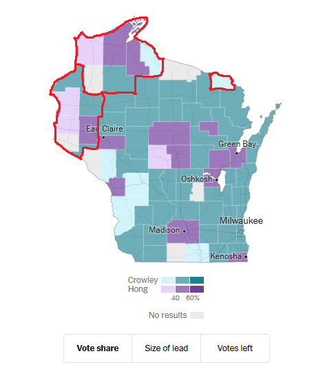 StellaBostonDSA's tweet photo. I was wondering why Francesca Hong, despite losing most rural counties, was doing pretty well in rural areas in the northern and western corners of Wisconsin. And then I checked which counties are in primarily out-of-state media markets. Folks, you've gotta run TV ads if you can! https://t.co/ILWnyF86UQ