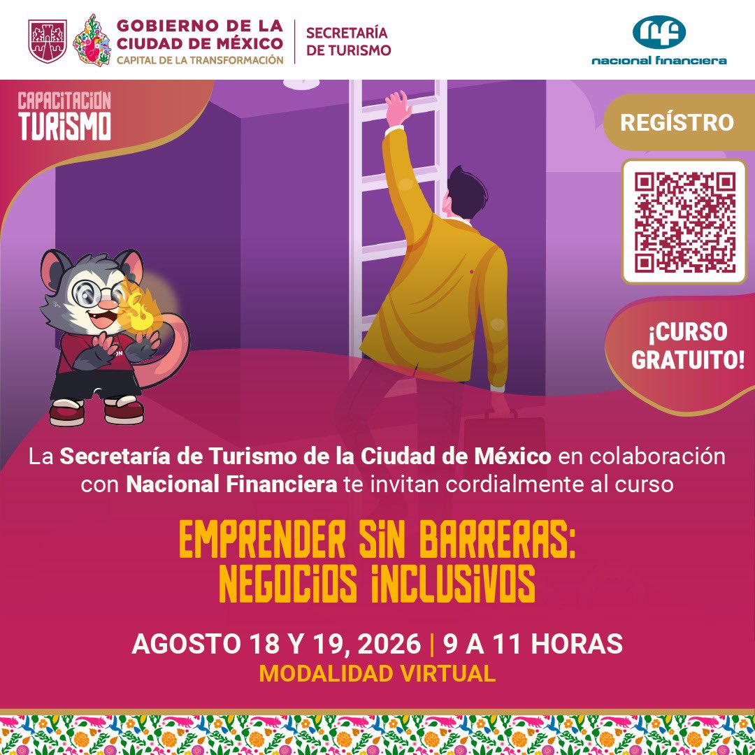turismocdmx's tweet photo. ¿Tienes una idea de negocio o quieres fortalecer tu emprendimiento desde una perspectiva inclusiva?

Participa en la capacitación virtual gratuita: EMPRENDER SIN BARRERAS: NEGOCIOS INCLUSIVOS.

📅 18 y 19 de agosto 2026
🕘09:00 a 11:00

📝 Registro:👇
https://t.co/3fdFWGwj2d https://t.co/LWO9ilNj7m