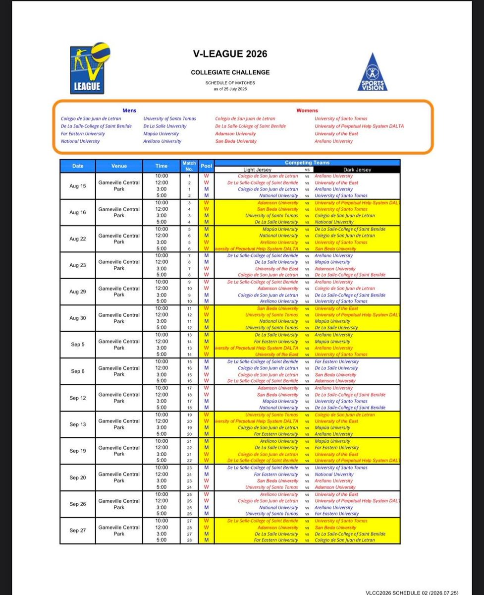 thelastwhistler's tweet photo. VLEAGUE COLLEGIATE CHALLENGE 2026
TOURNAMENT SCHEDULE
UPDATED AS OF JULY 25,2026 https://t.co/YcOsJuu22x