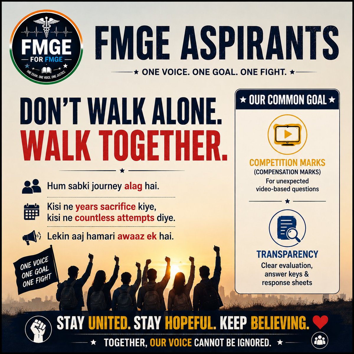 FmgeForFmge's tweet photo. WE’VE COME TOO FAR TO GIVE UP NOW #FMGE.
Hum sabki journey alag hai.
Kisi ne years sacrifice kiye, kisi ne countless attempts diye.
Lekin aaj hamari awaaz ek hai.
STAY UNITED 💪 Because when thousands stand together 🤝 Our voice cannot be ignored.  
#JusticeForFmge #FmgeJune2026 https://t.co/C3IRO8CxmD