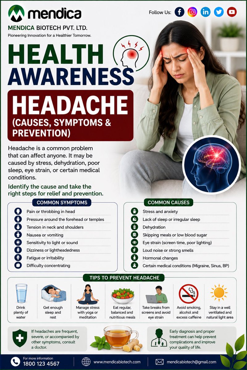 MendicaBiotech's tweet photo. 🧠 HEALTH AWARENESS | Headache

Headaches can be triggered by stress, dehydration, lack of sleep, eye strain, or skipped meals. Stay hydrated, sleep well, manage stress, take screen breaks, and maintain regular healthy meals.

💚 https://t.co/8Ij9lfQhb2