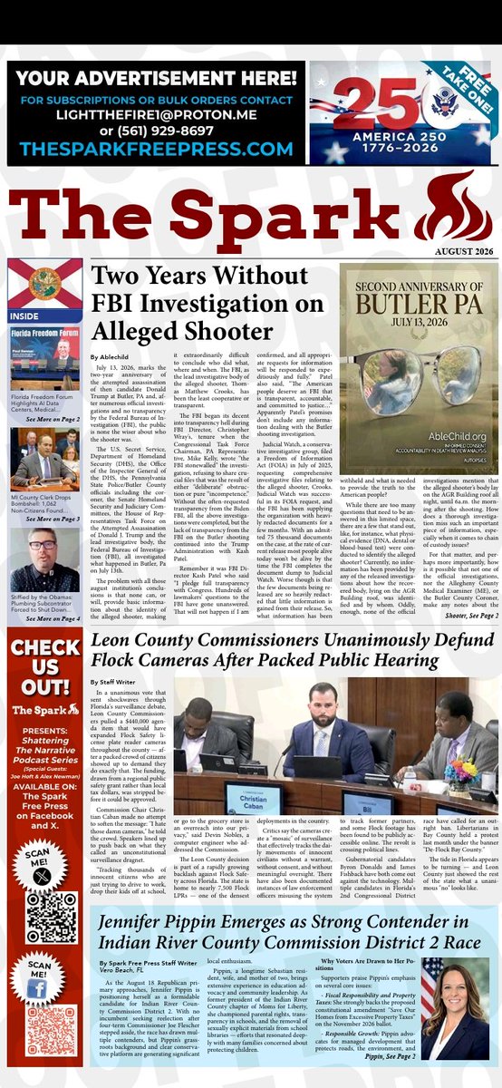SparkFreePress's tweet photo. 🚨 Election Integrity Front & Center in The Spark Free Press – August 2026
Tina Peters: “US Must Do THIS to Safeguard Elections BEFORE Midterms”
Leavitt blasts NJ Gov after “error” registered thousands of illegal voters
Jennifer Pippin surges as strong contender in Indian River County Commission race
Plus more on election systems, voter rolls, and Florida’s fight for secure elections.
Read the full issue:
https://t.co/i12M9iGMjb
#ElectionIntegrity #VoteNow #FloridaElections #TinaPeters