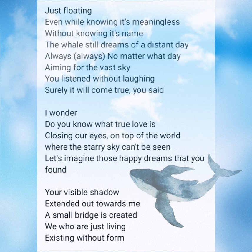 reina_el6's tweet photo. くじらの夢 - JIL 

Dreaming of Whales - JIL

°•~English Translation~•°

The song which told his thanks and perspective, towards his fans
A perfect description of Jil-san 🤍

Stream it from here: https://t.co/Ula5Gggebb

#みそJIL #EL6 https://t.co/1YXXBfklwT