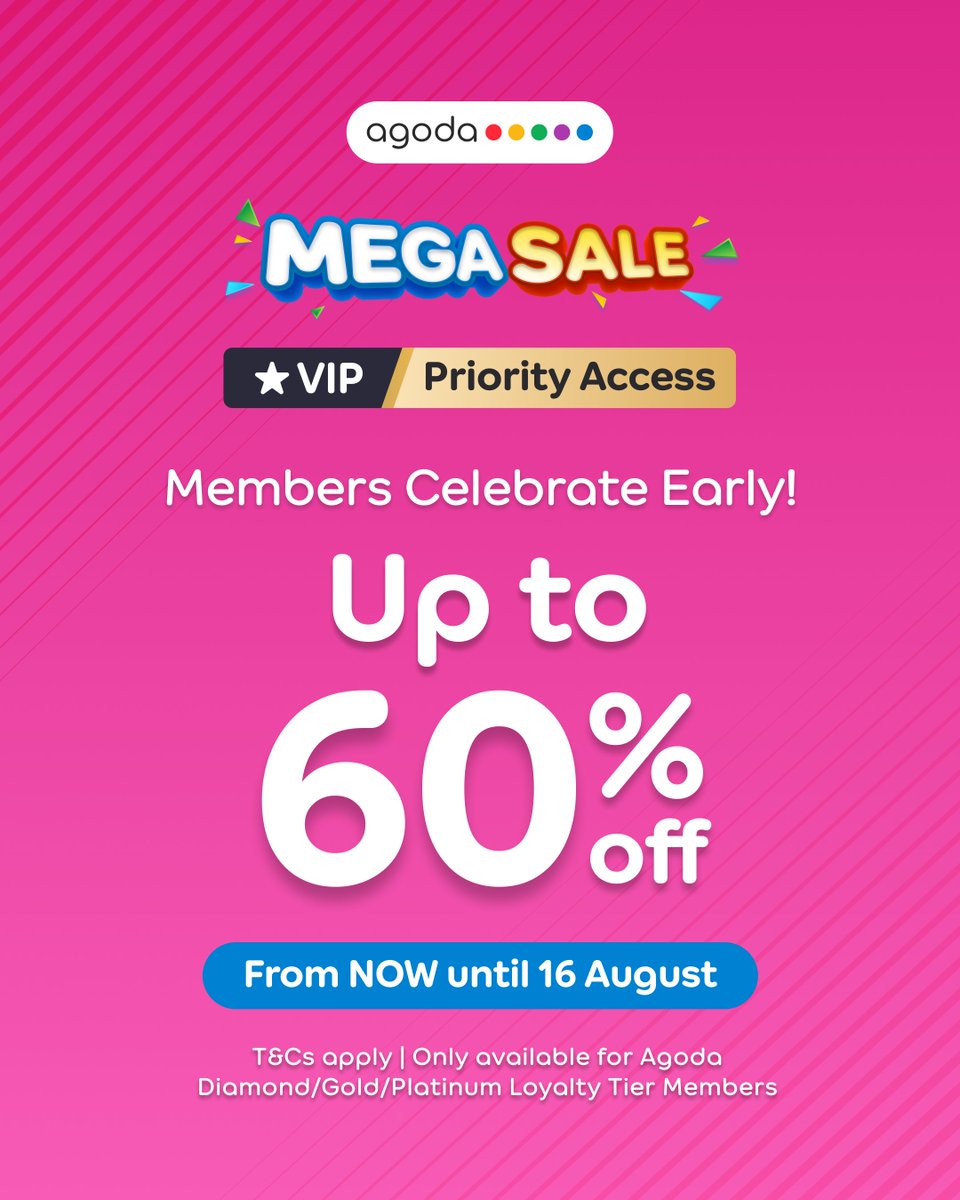 agodasg's tweet photo. ✨ VIP Pre-Sale is on! 

🌍 Up to 60% OFF hotels, flights &amp; activities worldwide
🎁 Unlock these mega deals before anyone else!
👉 https://t.co/R6dttYESL8

T&amp;Cs apply | Exclusive for Agoda Diamond / Gold / Platinum Members

#AgodaMegaDeals https://t.co/KIDuAJCPiK