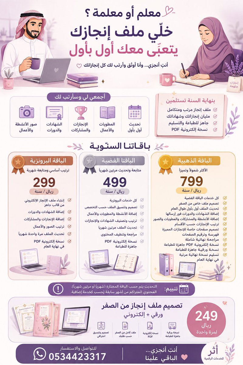 Am18385602's tweet photo. @News_Ejazah إذا كنت معلم/معلمة وودك تفتك من تجميع وترتيب ملف الإنجاز آخر السنة، عندي خدمة متابعة ملف الإنجاز طوال العام ✨
ترسل لي إنجازاتك وشهاداتك وأعمالك أول بأول، وأنا أرتبها وأوثقها لك 🤍
وبنهاية السنة تستلمين ملف إنجاز مرتب ومتكامل وجاهز https://t.co/qbXkAq29pf