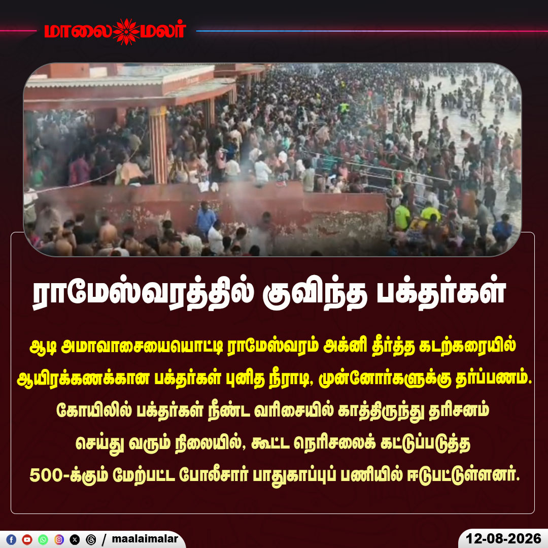 maalaimalar's tweet photo. ராமேஸ்வரத்தில் குவிந்த பக்தர்கள்
#Rameswaram #RameswaramTemple #AadiAmavasai #AadiAmavasya #Pilgrims #TamilNadu #AgniTheertham #HolyBath #PithruTharpanam #SpiritualJourney #TempleNews #DevotionalNews #RameswaramNews #TamilNews #BreakingNews #Maalaimalar https://t.co/bzYyxNPVX0