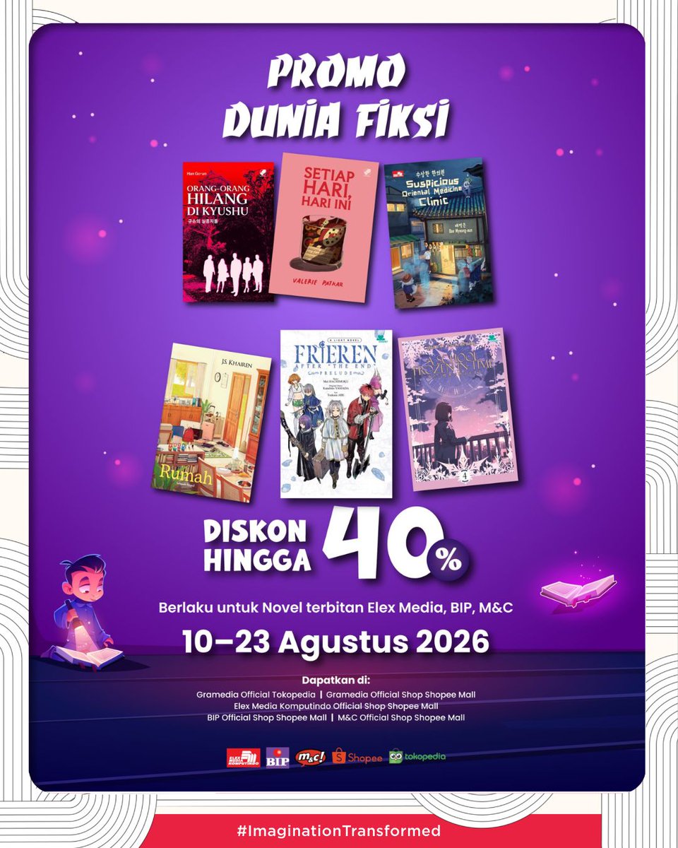 elexmedia's tweet photo. Saatnya borong bacaan dan masuk lebih jauh ke Dunia Fiksi! 📚✨ Nikmati promo novel pilihan terbitan Elex Media di https://t.co/TmIqvvTqEg dan Shopee! ✨

- https://t.co/TmIqvvTqEg: https://t.co/7Q90eQ5niq
- Shopee: https://t.co/vIcrj9byVz https://t.co/wNj732faoo