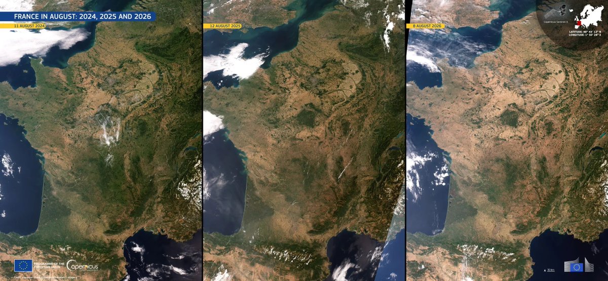 simongerman600's tweet photo. The draught in France is visible from space. Here are three cloud-free views of France in the last three Augusts. Source: https://t.co/DnwLQUOusQ https://t.co/eophoUDCKS