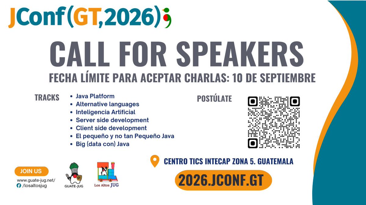 guatejug's tweet photo. 👩‍💻 CALL FOR SPEAKERS - JConf Guatemala 2026 👨‍💻

☕ Si deseas ser conferencista en el máximo evento anual de la comunidad de usuarios de Java de Guatemala, compartiendo tus ideas, aprendizajes y casos reales, ¡esta es tu oportunidad!

💬 Envía tu propuesta: https://t.co/rRYZNHqEUj https://t.co/N7XBo19lCi