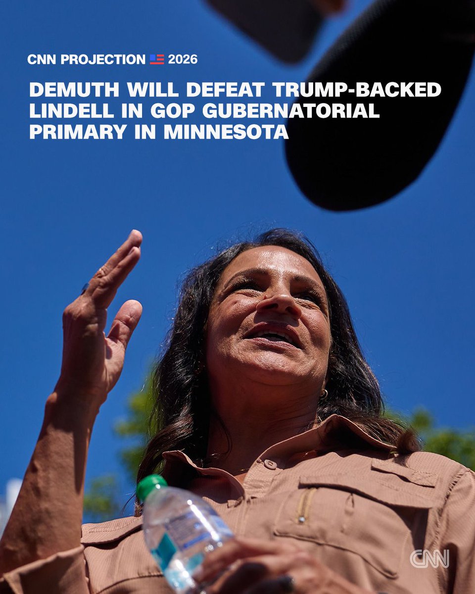 CNN's tweet photo. State House Speaker Lisa Demuth will win the Republican nomination for governor in Minnesota, CNN's Decision Desk projects. Demuth defeated MyPillow founder Mike Lindell and Kendall Qualls, an Army veteran and former health care executive, in a raucous primary fight. She'll face Democratic Sen. Amy Klobuchar in November. Follow live updates: https://t.co/mOIyOV03Q5