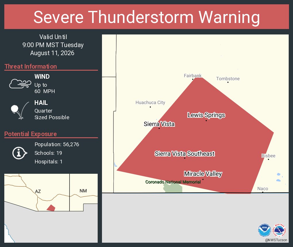 NWSSevereTstorm's tweet photo. Severe Thunderstorm Warning continues for Sierra Vista AZ, Sierra Vista Southeast AZ and  Miracle Valley AZ until 9:00 PM MST https://t.co/OMpE5Vfjde