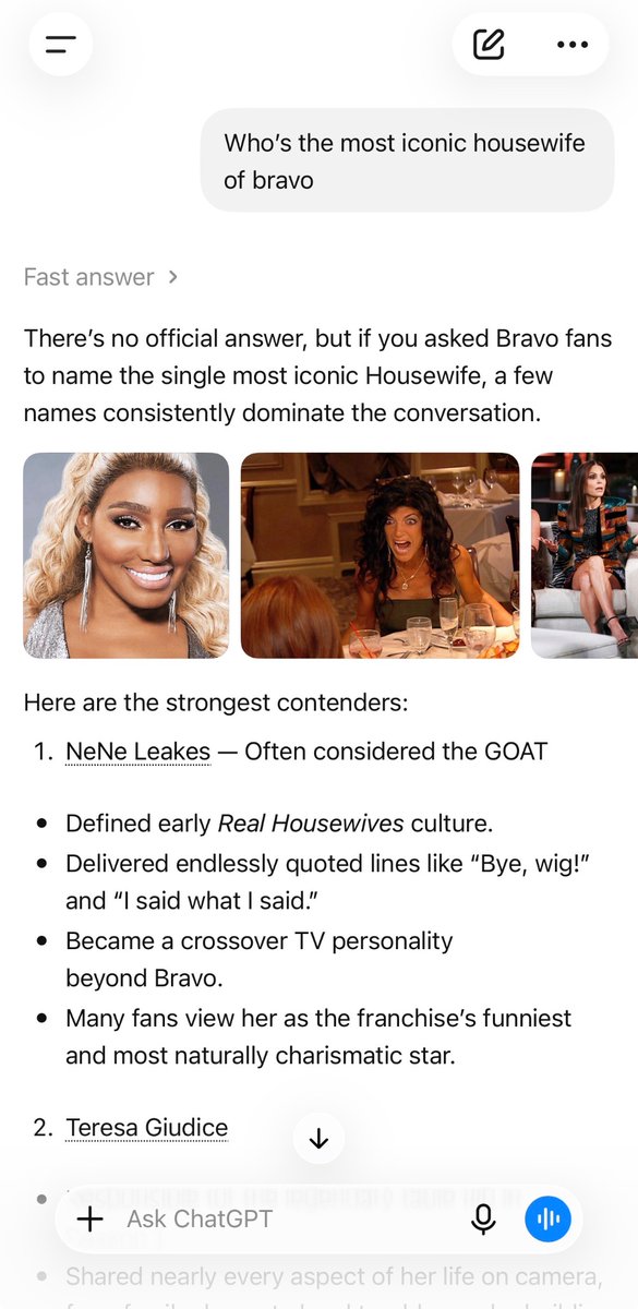juanes_pan's tweet photo. Now, @TereseaGuidice @ChatGPT said @NeNeLeakes is the most iconic housewife babe! #neneleakes #bravo #RHUGT @Andy https://t.co/z7KmHKqECN