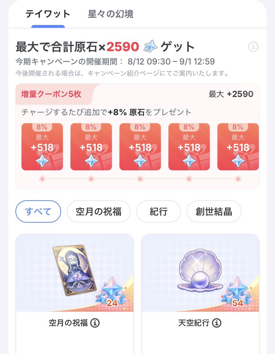 somen1922's tweet photo. 原神公式チャージセンターでキャンペーン開催中！
https://t.co/PbcHyesuQN
初回課金で原石300個に加えて、
最大5回まで8％の追加石がもらえます！

さらに、このポストをリポストしていただいた方の中から、
抽選で3名様に「原石200個」の交換コードが当たります！
締切：8/19 12:00
当選者の方にはDMにてご連絡します。

#PR #原神 #スネージナヤが来る