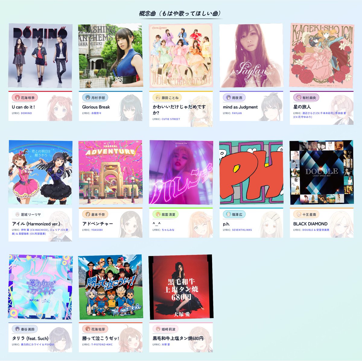 gakumas_mao's tweet photo. 「概念曲（もはや歌ってほしい曲）」を作ったよ！
これ楽しい〜☺️☺️☺️

みんな偉い概念曲持ってていいなア！！じゃあ概念曲バトルしようぜ！概念曲バトル！！

https://t.co/qqFZEQQtr5 https://t.co/nUGy0oMVPx