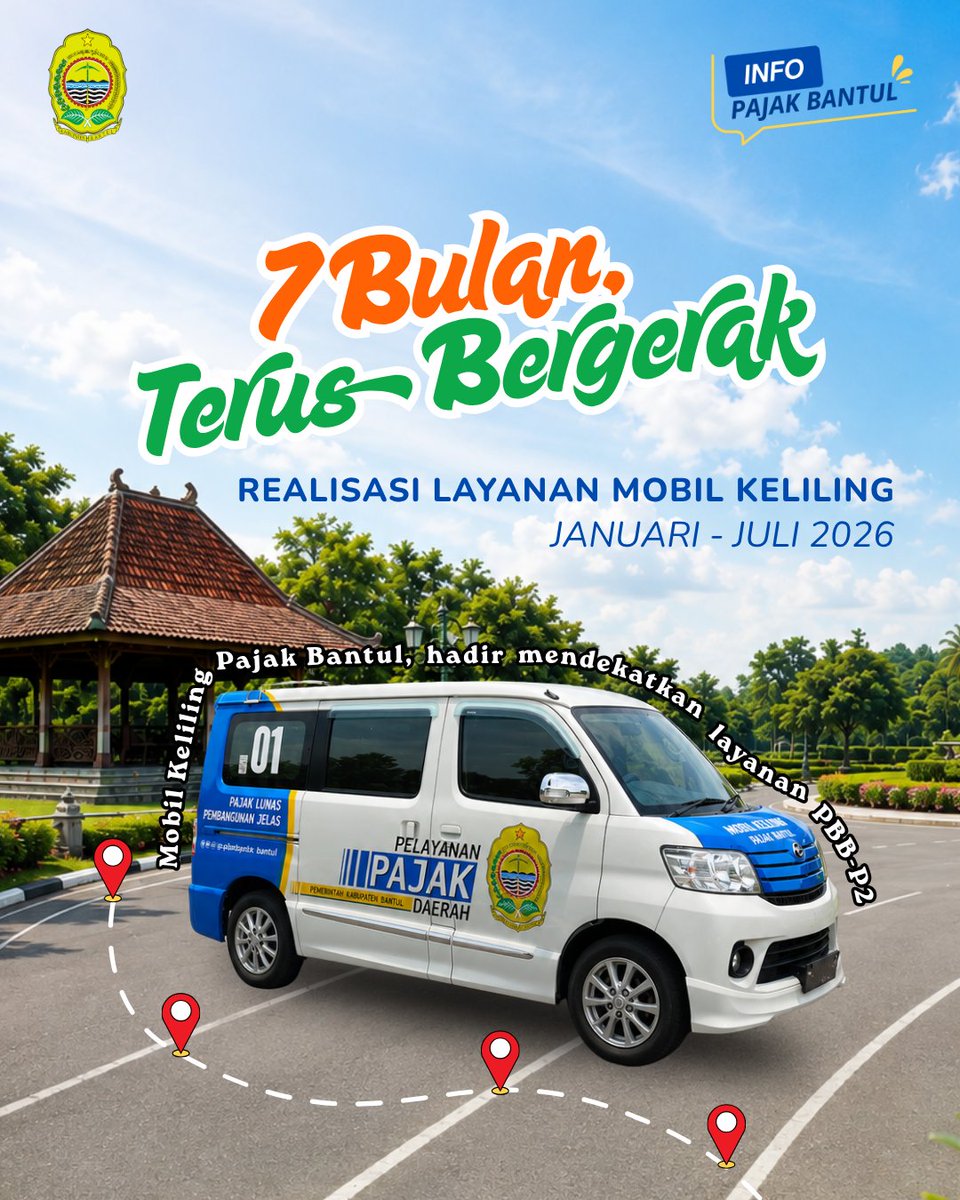 bpkpadbantul's tweet photo. 7 BULAN, TERUS BERGERAK!

Dari  Januari hingga Juli 2026, Mobil Keliling Pajak Bantul terus hadir  mendekatkan layanan PBB-P2 kepada masyarakat di berbagai wilayah  Kabupaten Bantul.

Dalam periode tersebut, Mobil Keliling Pajak Bantul telah menjangkau:

📍 2.243 lokasi layanan https://t.co/kkSKzXDcaJ