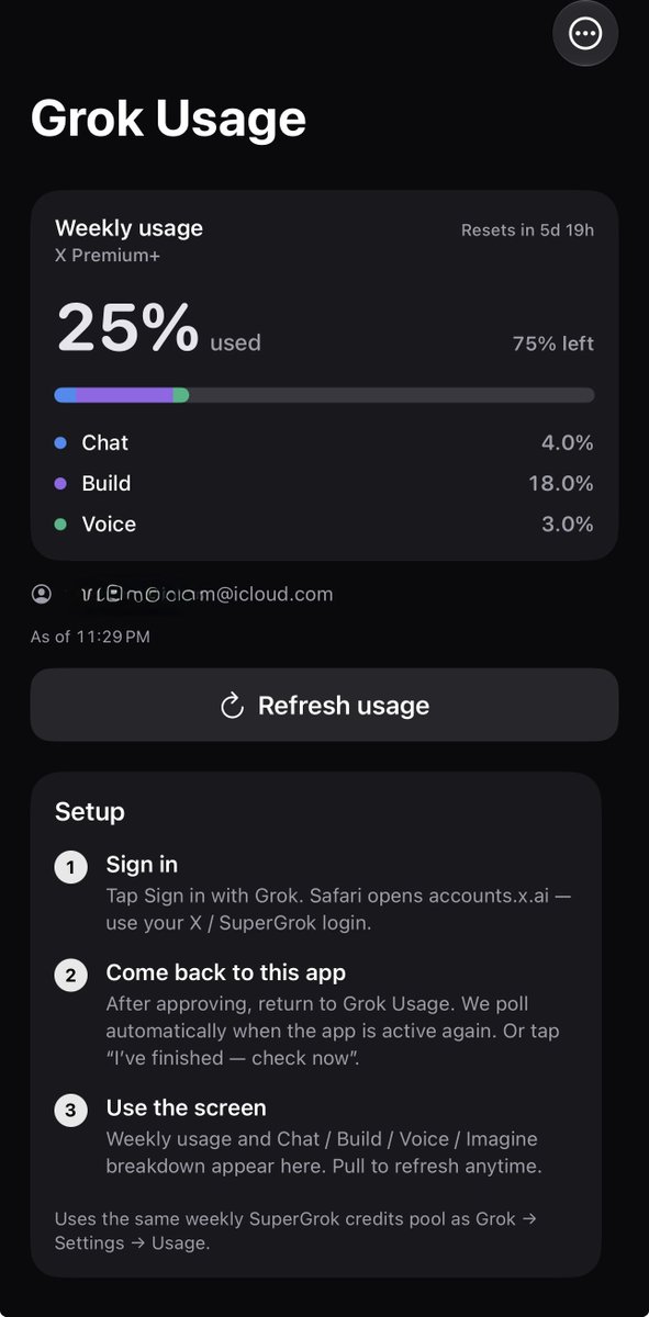 HumanPerson's tweet photo. I made it with Grok Build. 

It’s nice to have a widget tracking my usage and resets, right on my Home Screen, instead of buried in app settings.
Also, ‘/usage’ doesn’t really do much for people who don’t use Grok build.

Do I put it on the App Store? 
Post the .ipa to sideload? https://t.co/YXLG7bHEjJ
