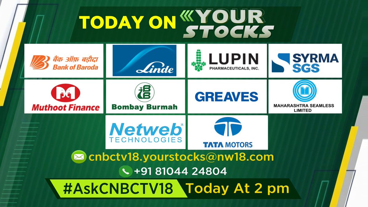 CNBCTV18Live's tweet photo. #YourStocks | Stocks on your mind?
Tune in to Your Stocks at 2 PM on CNBC-TV18 as experts answer your market queries #Live.
#DalalStreet #StockTalk #CNBCTV18 #CNBCTV18Market @vinnii_motiwala @Arundathi_Ram https://t.co/SIC7quhMzW
