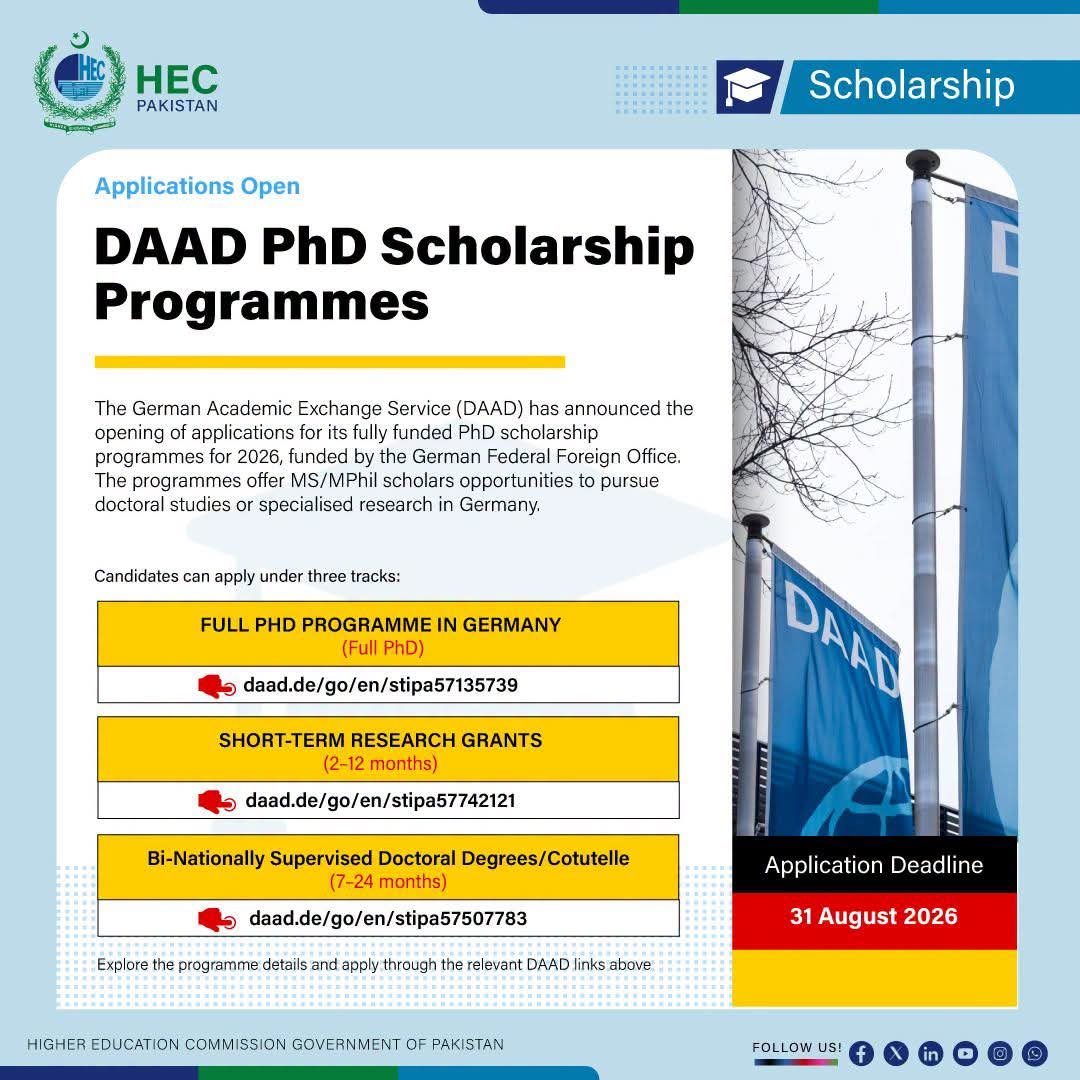 hecpkofficial's tweet photo. DAAD has opened applications for fully funded PhD opportunities in Germany under three tracks:

Full PhD Programme: https://t.co/rZEa2qDPxh…

Short-Term Research Grants: https://t.co/X8QToahxnJ…

Cotutelle: https://t.co/pDUwFZRG6T…

Application Deadline: 31 August 2026 https://t.co/42356m7o4x