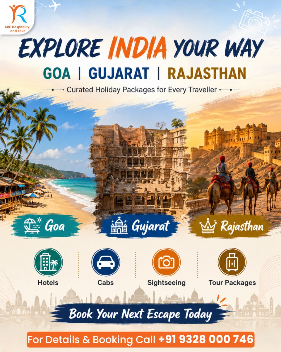 AreHospitality's tweet photo. Experience the best of Goa, Gujarat &amp; Rajasthan with curated holiday packages designed for you.

📞 +91 9328000746
🌐 https://t.co/vBiCfDDupu

#AREHospitalityAndTour #ExploreIndia #GoaTrip #GujaratTourism #RajasthanTour #IncredibleIndia #TravelIndia #HolidayPackages #TravelWithUs https://t.co/YLWHK1boGu