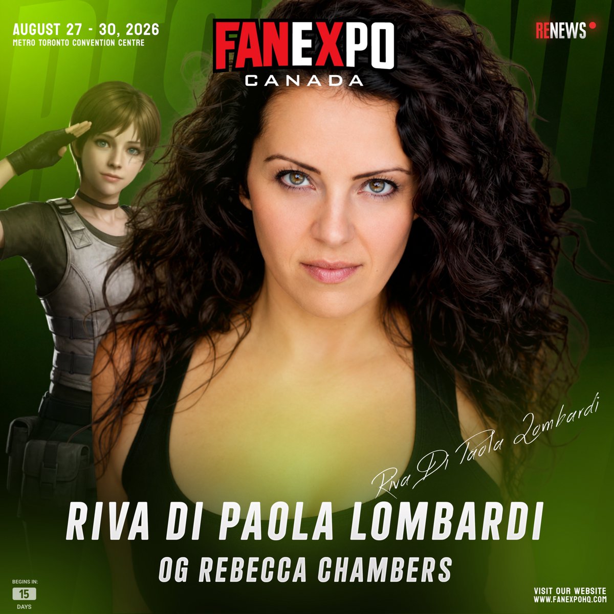 RENews_X's tweet photo. 🔥The world's largest Resident Evil reunion is coming to FANEXPO Canada.

To celebrate the 30th anniversary of Resident Evil, cast and crew from across 30 years of the series will come together for a special Resident Evil 30th Anniversary Reunion Panel & Signing on August 28.

☝️So far, these guests have been officially announced:

▪︎ Alyson Court (Claire Redfield)
Resident Evil 2, Resident Evil Code: Veronica, Resident Evil: Degeneration, Resident Evil: The Darkside Chronicles

▪︎ Sally Cahill (Ada Wong)
Resident Evil 2, Resident Evil 4, Resident Evil: The Darkside Chronicles

▪︎ Riva Di Paola Lombardi (Rebecca Chambers)
Resident Evil Zero

▪︎ Richard Waugh (Albert Wesker)
Resident Evil CODE: Veronica, Resident Evil Zero, Resident Evil 4

More guests are still to come, including actors connected to Chris Redfield, Jill Valentine, Leon Kennedy, and the cast and crew of Resident Evil Outbreak.

📅The reunion will take place on Friday, August 28, at the Trepidation Comics booth during FANEXPO Canada at the Metro Toronto Convention Centre in Toronto. 

FANEXPO Canada runs from August 27 to 30, 2026.