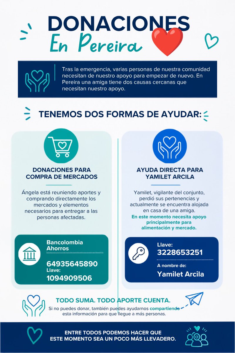 comino_gomez's tweet photo. Yo sé que se están promoviendo las donaciones por canales oficiales y así, pero esto es una donación verificada de @ohhlvna que vive en Pereira y en su comunidad están recolectando para mercados y para la celadora de su unidad que perdió su casa. https://t.co/whgtYYNI6x
