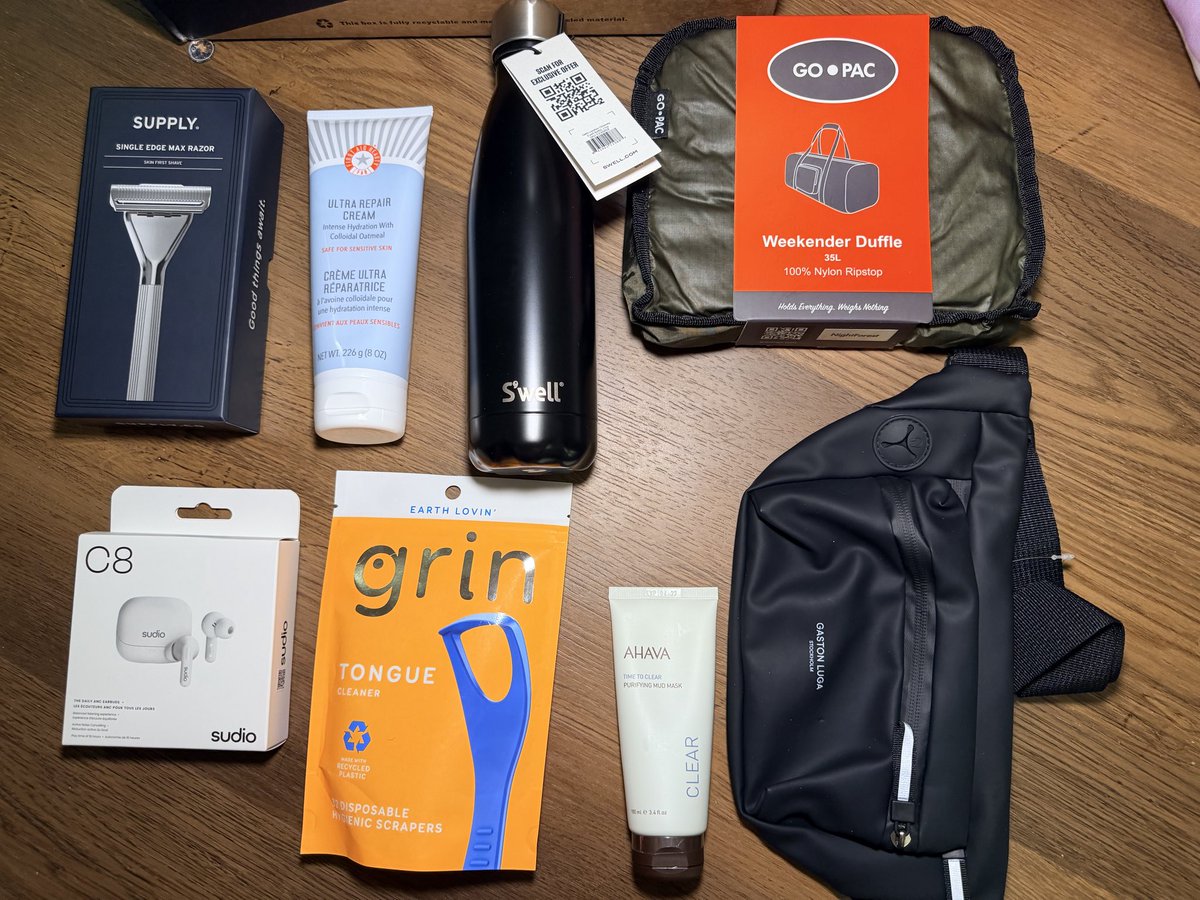 speedoman2077's tweet photo. GQ Box Mystery Unboxing – Paid $32.50, Got ~$450 Worth of Stuff 🔥
Used code DEAL, first quarterly box only $32.50 (normally $59). Official claim is $447 value… and yeah, it delivers.
Full haul + quick take:
•  Sudio C8 ANC Earbuds – Daily drivers with solid active noise cancelling, balanced sound, good battery. Retail $99
•  GO•PAC Weekender Duffle 35L – Insanely light (9.2 oz), packs into its own pouch, ripstop nylon. “Holds everything, weighs nothing.” $48
•  Gaston Luga Stockholm Hip Pack (black) – Clean Swedish design, perfect everyday sling/fanny. ~$69 value
•  SUPPLY Single Edge Max Razor – Premium single-edge safety razor, closest shave, built to last. $59
•  S’well Original 17oz – Iconic insulated bottle, keeps drinks cold/hot forever. ~$35
•  AHAVA Purifying Mud Mask 100ml – Dead Sea mud, deep clean & purify. ~$40
•  First Aid Beauty Ultra Repair Cream 8oz – Cult classic colloidal oatmeal cream, amazing for dry/sensitive skin. $42–50
•  Grin Tongue Cleaner – Disposable scrapers, small but useful
Value check:
Paid $32.50. Real-world retail easily clears $400+. The earbuds + razor alone already cost more than the whole box.
This is one of those rare boxes where almost everything is actually usable long-term — no filler junk. Quality feels solid across the board.
If you’re on the fence, just pull the trigger with DEAL while the Mystery Box is still available. Absolute steal.