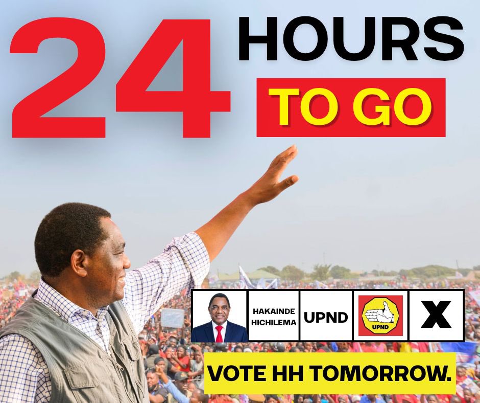 HHichilema's tweet photo. 24 hours to decide the next five years. We have made progress together, and there is still more work to do. Tomorrow, let us choose to protect that progress and keep moving forward. Vote HH. Vote for Bally https://t.co/TAFRbR6Dq8