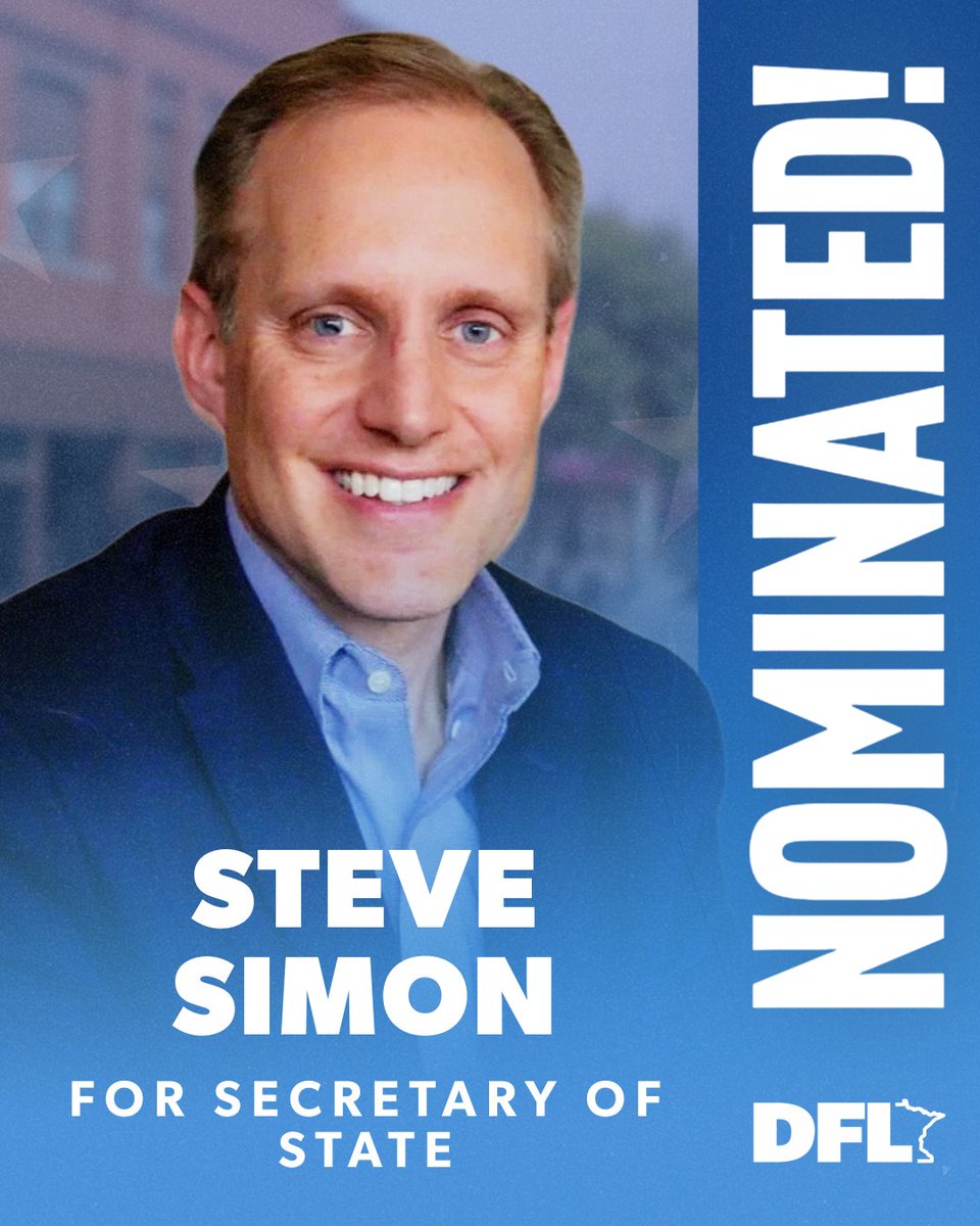 MinnesotaDFL's tweet photo. Steve Simon Wins the DFL Primary for Secretary of State!

Minnesota has the best election system in the country because of the hard work of tens of thousands of election workers across the state.

No one leads with more integrity and seriousness than Steve Simon. https://t.co/XtJoBx3Fkb