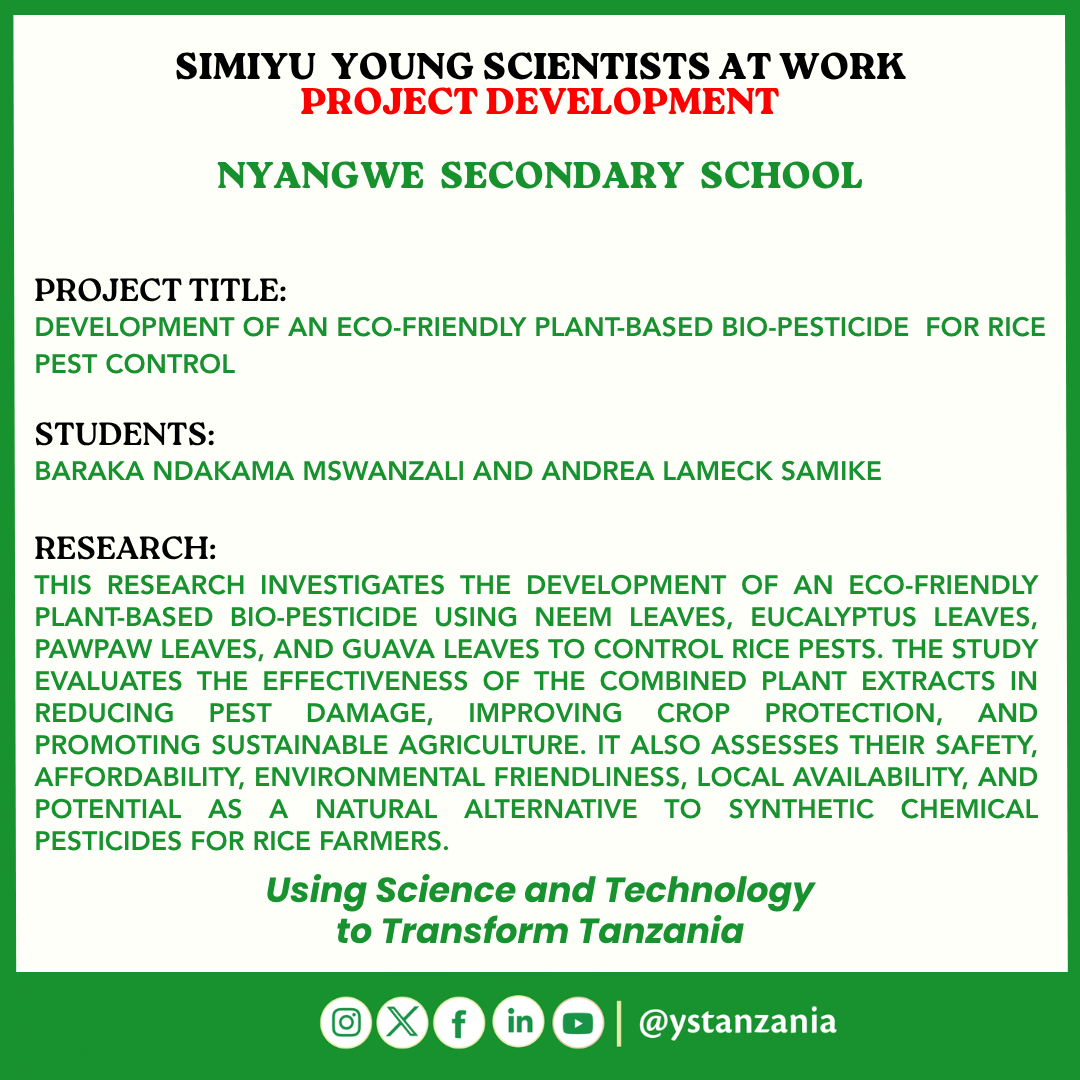 ystanzania's tweet photo. Young innovators Baraka Ndakama Mswanzali and Andrea Lameck Samike of Nyangwe Secondary School are developing an eco-friendly plant-based biopesticide to protect rice crops from pests. #ScienceForDevelopment #STEM #Innovation https://t.co/DtWGWRJbrY