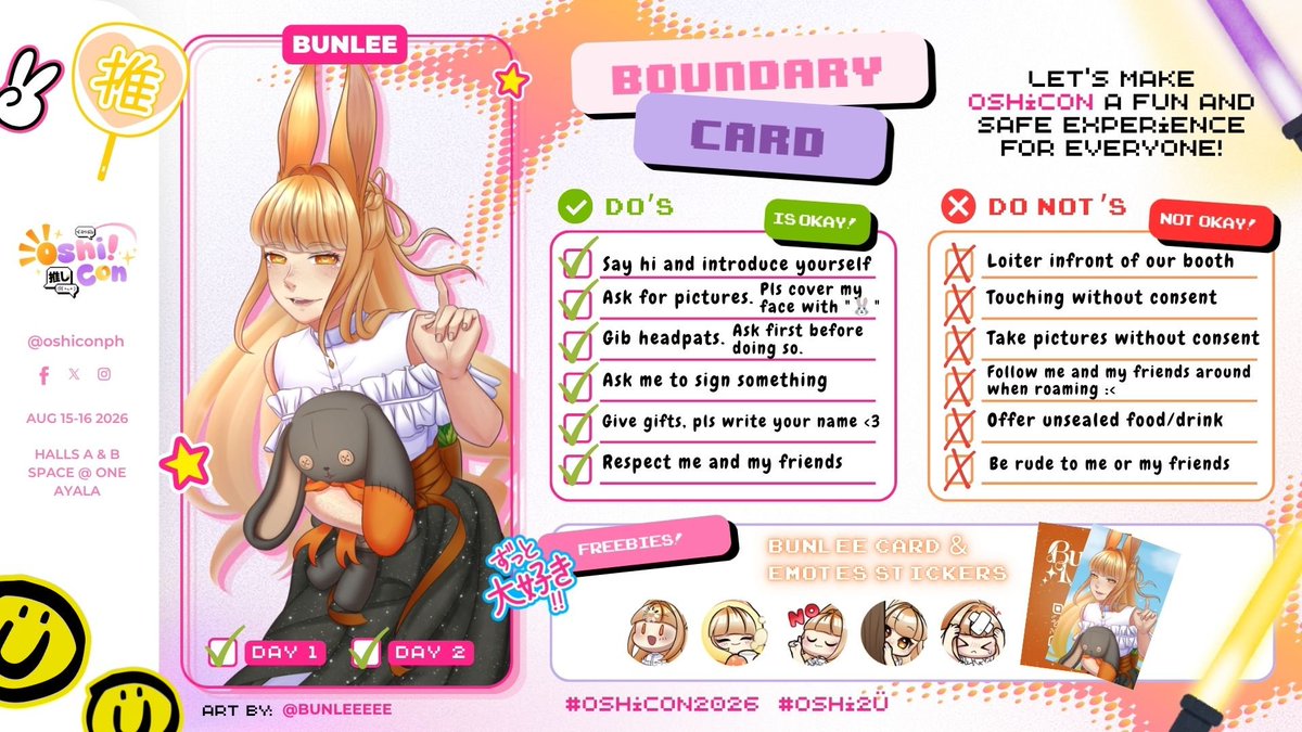 bunleeeee's tweet photo. To everyone visiting our table on OshiCon, here's a lil' do's and don'ts for you to keep in mind ✨
This bunny is very excited to meet you all so let's all make this a very pleasant experience for everyone 🧡✨
Special thanks to #bebeduckVT for the very convenient template 🫶🏻 https://t.co/DA76Yv9spz