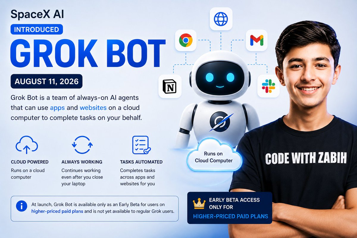 LearnWithZabih's tweet photo. 🚀 Grok Bot is here!

xAI’s new AI agents can use apps &amp; websites on a cloud computer to complete tasks for you — even after you close your laptop. 🤖☁️

🔒 Launch access: Early Beta for higher-priced paid plans.

#Grok #AI #xAI #ElonMusk #ArtificialIntelligence https://t.co/1Yi7VQHysx