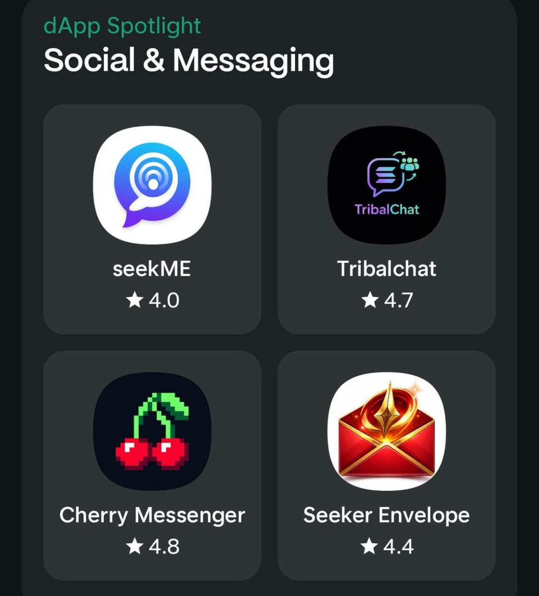 seekerenvelope's tweet photo. We're officially featured in the Social & Messaging spotlight on the @solanamobile dApp Store. 

From sending Red Envelopes to discovering communities, earning rewards, swapping tokens, opening Gacha Packs and more.  we’re building a social reward layer for the Seeker ecosystem.

And seeing Us featured alongside other top dApps like  @cherrydotfun, SeekMe and TribalChat by @Tribepay_Labs is a huge milestone for us. 

If you’re on Seeker, go check it out.