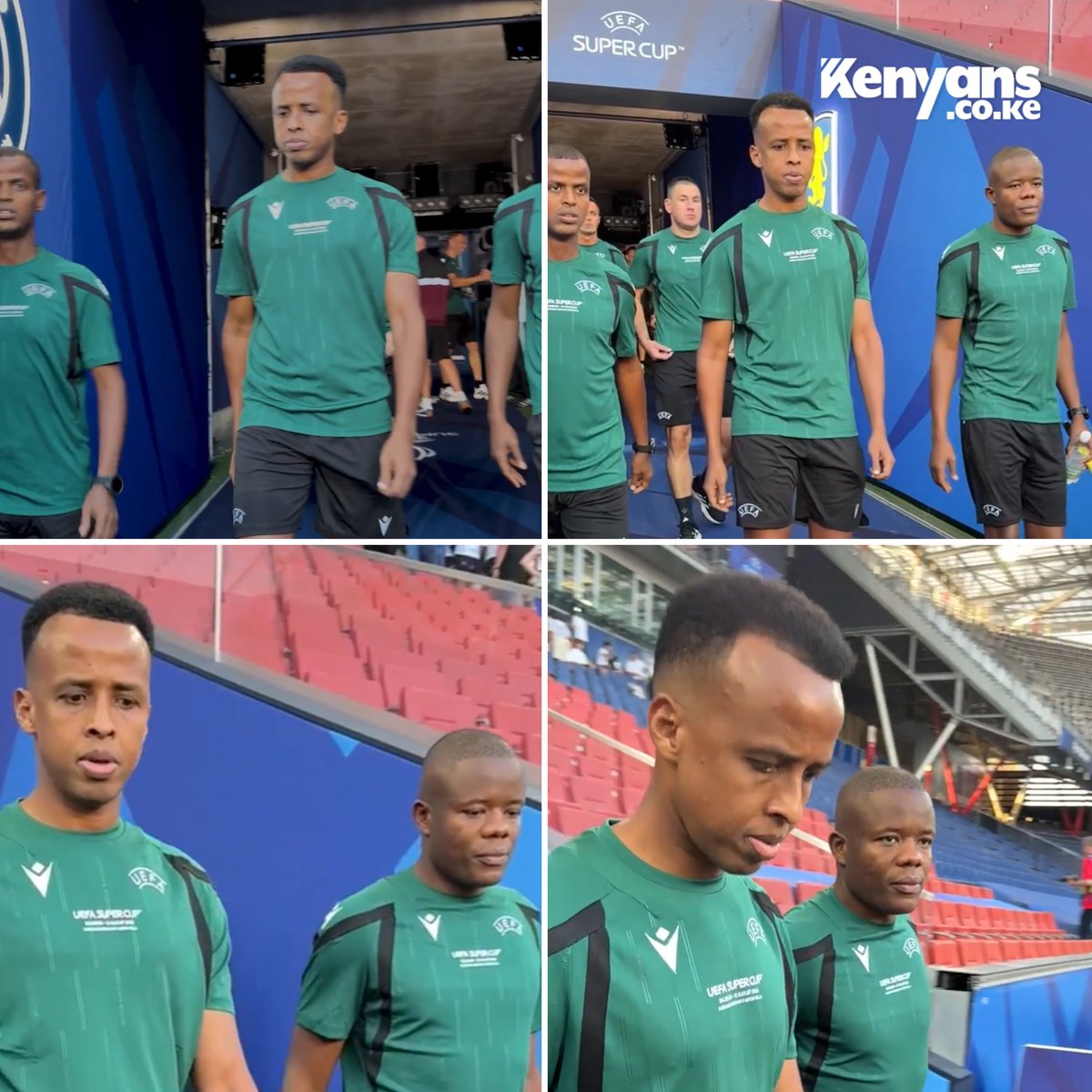 Kenyans's tweet photo. Kenyan referee Stephen Yiembe with Somali referee Omar Artan in Austria ahead of the UEFA Super Cup Final between PSG and Aston Villa https://t.co/7UezU4FcCC