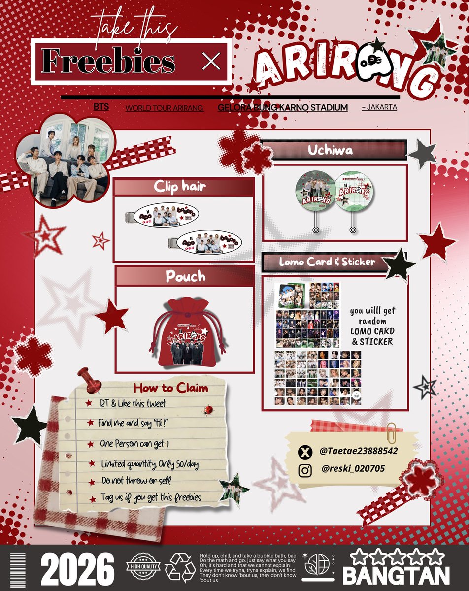 Taetae23888542's tweet photo. ✨FREEBIES BTS ARIRANG IN JAKARTA✨
by @Taetae23888542 

📆 26, 27 &amp; 29 DESEMBER 2026
📍 GBK (Gelora Bung Karno Stadium)

- rt &amp; like are appreciated
- limited quantity 
- only 50pcs/day
- trades are welcome https://t.co/qPpdBuaLb3