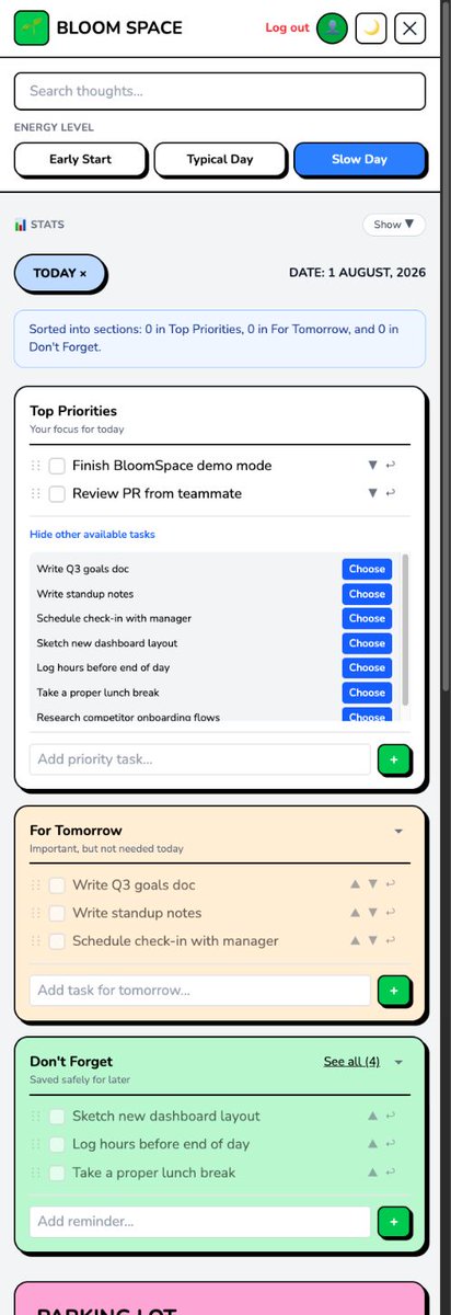 YousefHosny's tweet photo. BloomSpace 5 months ago vs today.

Before: pink, manual, you sorted everything yourself

Now: dump your tasks in, one button, app decides what needs to happen today

Your brain shouldn't be the organizer. That's what the app is for.

Still building. https://t.co/bP7NTEdBDK