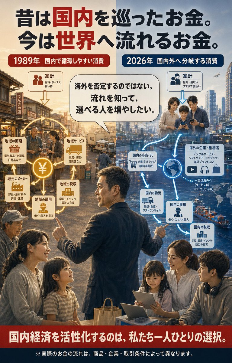 chotokugi's tweet photo. 昔は、
国内を巡っていたお金。

今は、
その一部が世界へ流れていく時代になりました。

1989年頃、
日本の家庭が使うお金は、

日本の電機メーカー
地域の商店
国内の工場
地元の雇用　

日本国内の仕入れ先を巡り、
給料や税金として国内へ戻りやすい構造でした。

しかし2026年。

スマートフォン、動画配信、
音楽、通販、ソフトウェアなど、

僕たちの生活は海外サービスなしでは、
成り立たないほど便利になりました。

ただし、便利さと引き換えに、
支払った代金の一部が海外企業や、
権利元へ向かうケースも増えています。

もちろん僕は、

「海外の商品やサービスを使うな」

と言いたいわけではありません。

海外サービスを使っても、日本の販売店、物流、雇用、税金などを通じて国内に残るお金もあります。

世界の優れた技術を取り入れることも、
日本🇯🇵の成長には必要です。

問題は、
僕たちが「お金の流れ」を知らないまま、
価格や便利さだけで選び続けていることです。

日本経済が弱くなった。
給料が上がらない。
地域の店がなくなった。
国内メーカーが衰退した。

そう嘆きながら、僕たち自身の支出が、
どこへ向かっているのかを考えない。

これでは、
国内にお金が巡りにくくなるのも当然です。

買い物は、　
ただの消費ではありません。

どの企業を育てるのか？
どこの雇用を支えるのか？
どんな技術を未来に残すのか？

僕たちは支払うたびに、
未来を選んでいます。

すべてを国産に変える必要はありません。

海外を否定する必要もありません。

10回の買い物のうち1回でもいい。

地域のお店を選ぶ。
日本の生産者から買う。
国内で頑張る中小企業を応援する。
価格だけでなく、品質や理念を見る。

大切なのは、情報を知り、
自分の意思で選択できることです。

僕は、
日本人🇯🇵にもっと強くなってほしい。

政治や景気に文句を言うだけではなく、
自分のお金がどこへ流れ、

誰を豊かにしているのかまで、
考えられる人を増やしたい。

一人の1万円は小さくても、
1,000万人が選択を変えれば1,000億円です。

消費の流れが変われば、

企業が変わる。
雇用が変わる。
地域が変わる。
日本の未来が変わる。

国内経済を活性化するのは、
政治家や大企業だけではありません。

僕たち一人ひとりの、
毎日の選択です。

あなたが今日使うお金は、
誰の未来を豊かにしますか？