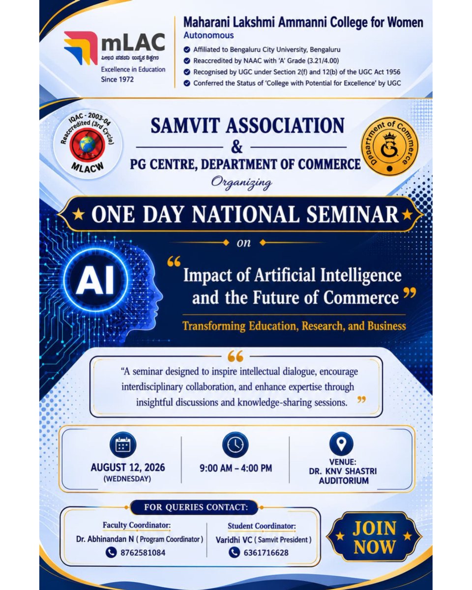 mLAC1972's tweet photo. mLAC presents a One-Day National Seminar on the โImpact of Artificial Intelligence and the Future of Commerceโ, exploring AIโs transformative role in education, research, and business.
๐
August 12, 2026 | ๐ 9:00 AM โ 4:00 PM
๐ Dr. KNV Shastri Auditorium
#MLAC #NationalSeminar https://t.co/jcwEJ5kIL6