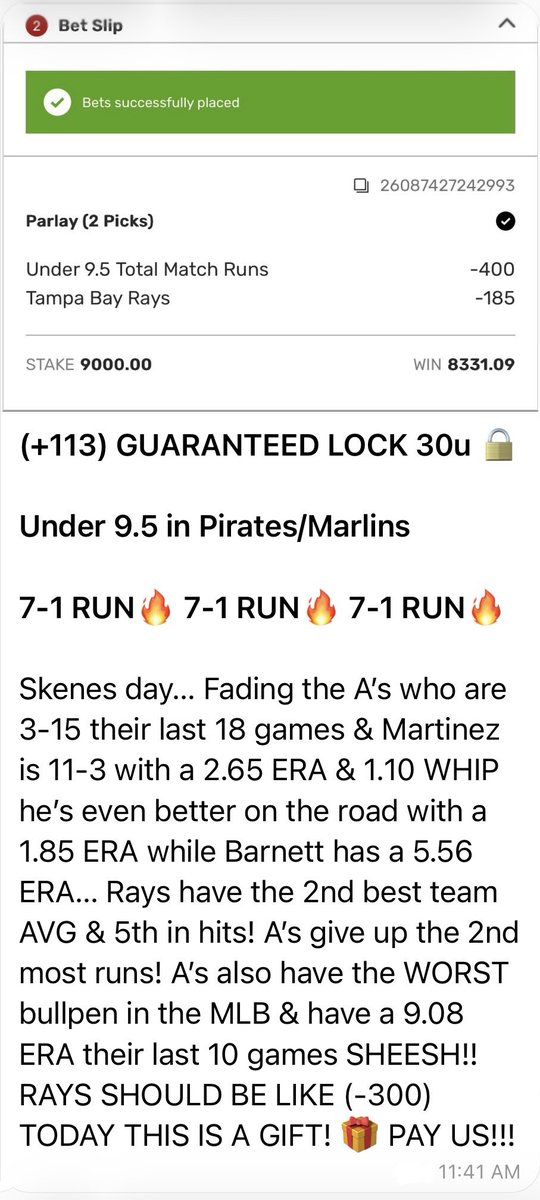 PickzHub's tweet photo. 8-1 RUN NOW I TOLD YALL EASIEST W EVER!!

UNDER ONLY 2 RUNS & RAYS WIN 12-4 🔥

(+113) GUARANTEED LOCK 30u 🔒✅
PIRATES/MARLINS UNDER 9.5 ✅
RAYS ✅

8-1 RUN🔥 8-1 RUN🔥 8-1 RUN🔥

I WILL CHANGE UR LIFE!!! THE NUMBERS DONT LIE THE BET SLIPS DONT LIE MY VIP MEMBERS DONT LIE!!

Use code NFL40 for 40% OFF! https://t.co/CBExfaW4KY
