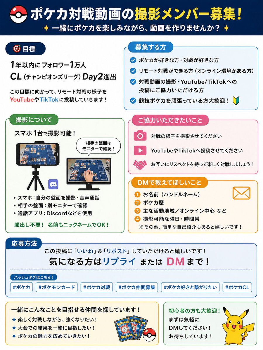 Tagucchi_PTCG's tweet photo. 🔥ポケカ対戦動画の撮影メンバー募集🔥
これからポケカのYouTube/TikTok活動を始めます！
「一緒に練習しながら動画を作りたい！」という方がいましたら、リプまたはDMお願いします！
気になった方には詳細をDMでお送りします！
#ポケカ #ポケモンカード #ポケカ対戦 #ポケカ仲間募集 https://t.co/8V0OmBPeRq