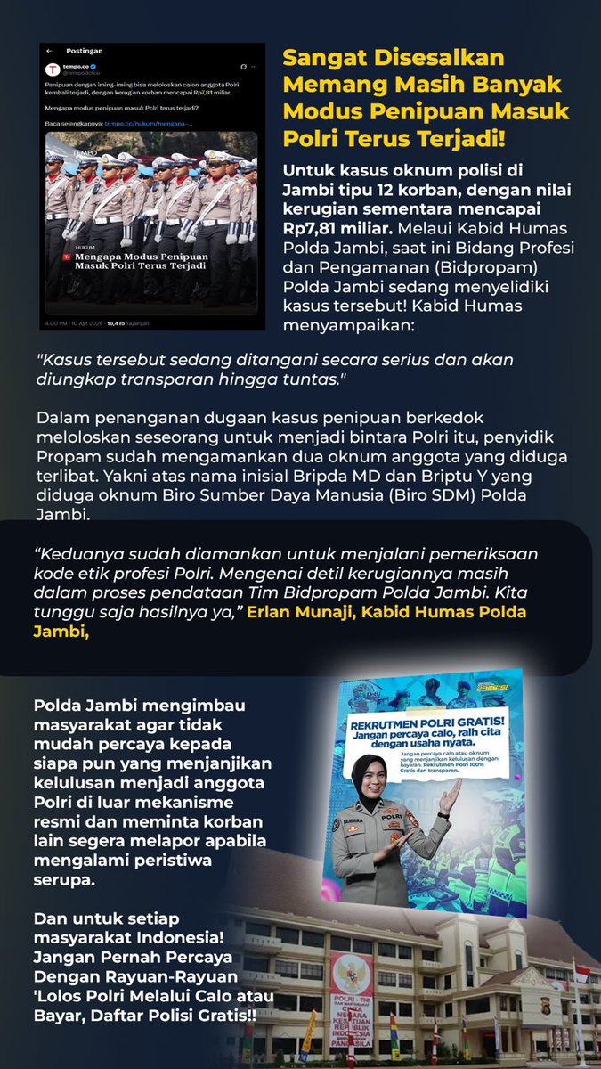 hayati_nuning's tweet photo. Polri perlu terus tegas memberantas praktik calo dalam rekrutmen

#rekrutmenpolri #polripresisi #poldajambi #fyp https://t.co/Pmha75hoKL