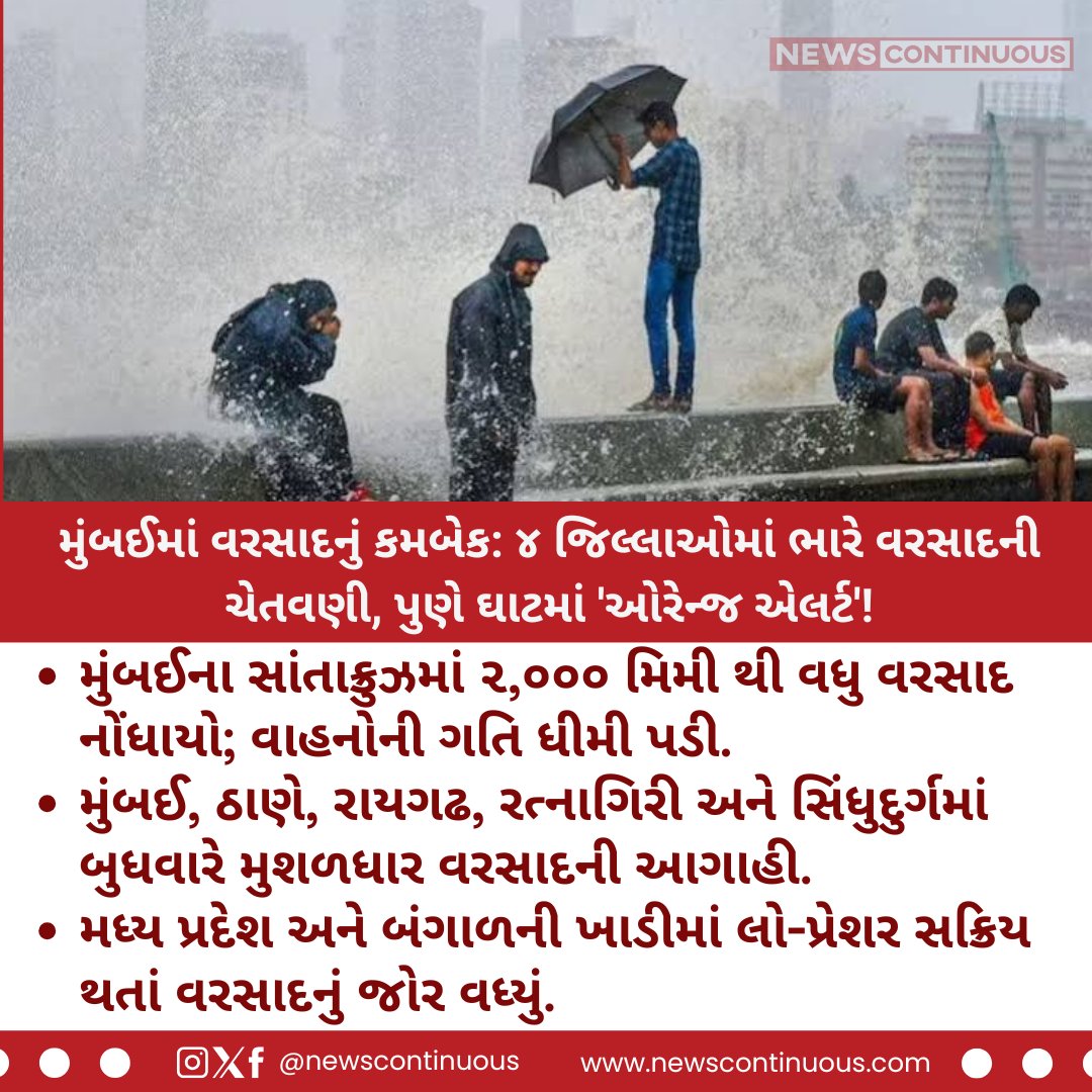 NewsContinuous's tweet photo. મહારાષ્ટ્રમાં વરસાદનું કમબેક: મુંબઈ, ઠાણે અને પુણે સહિત ૪ જિલ્લાઓમાં ભારે વરસાદની આશંકા; IMD નું ઓરેન્જ એલર્ટ
#MumbaiRain #MaharashtraRain #IMDRainAlert #MumbaiWeather #OrangeAlert #Monsoon2026 #WeatherUpdateGujarati #GujaratNewsGujarati https://t.co/29GSvkjJUa