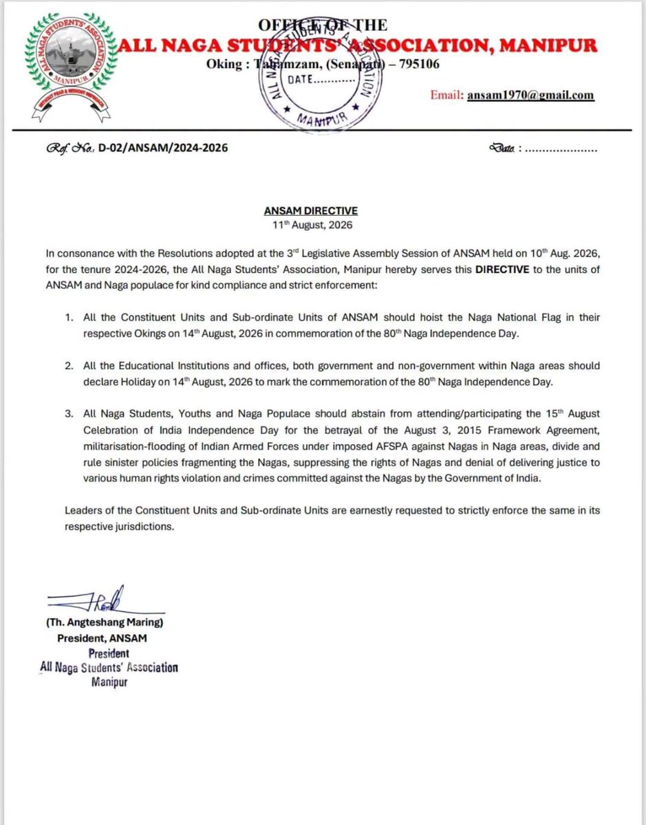 JShakurB's tweet photo. 🚨#BREAKING⚡️
Tangkhul (KS) & All Naga Students' Assn, who colluded with NSCN-IM in inciting & mobilising the violent mob to attack the Assam Rifles camp in Senapati has ordered a total Boycott of 🇮🇳Independence Day & warned all Nagas to observe the "Naga Independence Day" instead.

▪︎Curiously, NSCN-IM has not issued a similar directive (yet).

■ Such brazen secessionist posturing by Students' organization is a direct consequence of state inaction.
The failure or hesitancy of the Union & Manipur Govt to take firm & decisive action against these perpetrators of terrorist attacks on Indian security forces & Military installments has not only established a dangerous precedent but also fostered a climate of impunity in which Naga separatist groups & their enablers feel increasingly emboldened enough to openly & directly challenge the Indian state & reject its sovereignty.

▪︎When the state abdicates its constitutional duty to enforce its authority, Separatist elements seeking to undermine that authority will inevitably grow bolder.

#Manipur #Ambush #IndianArmy 

@LtGenAshokInf @Spearcorps @adgpi @GeneralBakshi @MajorPoonia @major_pawan @LtGenAshokInf @MukeshSinghIPS @RDXThinksThat @LtColAnilDuhoon  @elitepredatorss @FrontalForce 
@MeghUpdates @Goreunit
@defencealerts 
@rahulkanwal @Tracking_Live @WasbirH @AdityaRajKaul  @Arunchauhanhere @TacticalKafir @ukhrultimes @rishibagree @ColHunnyBakshi @gpsinghips @DefenceMinIndia @col_k_kashyap  @VladAdiReturns @madhukishwar @sambitswaraj @JPNadda @mrsinha
@KreatelyMedia