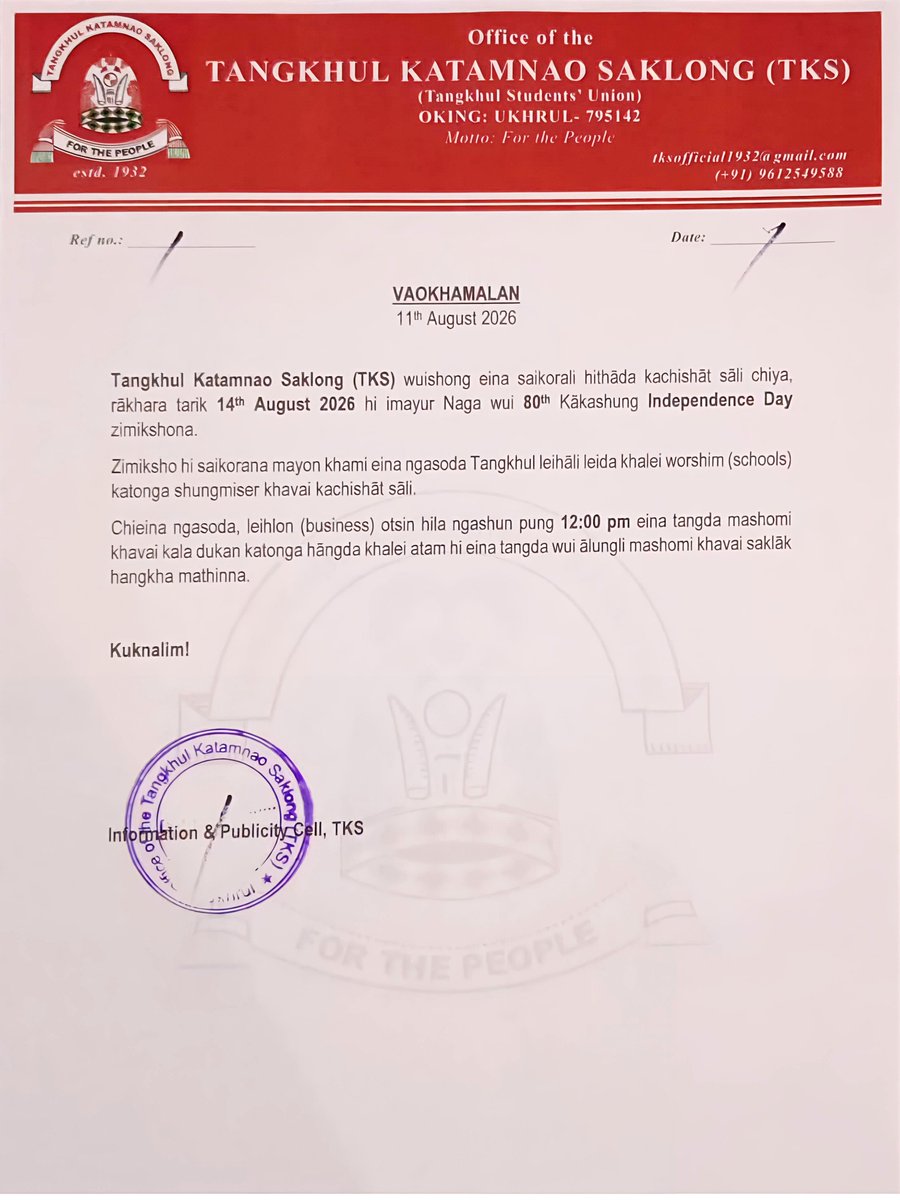 JShakurB's tweet photo. 🚨#BREAKING⚡️
Tangkhul (KS) & All Naga Students' Assn, who colluded with NSCN-IM in inciting & mobilising the violent mob to attack the Assam Rifles camp in Senapati has ordered a total Boycott of 🇮🇳Independence Day & warned all Nagas to observe the "Naga Independence Day" instead.

▪︎Curiously, NSCN-IM has not issued a similar directive (yet).

■ Such brazen secessionist posturing by Students' organization is a direct consequence of state inaction.
The failure or hesitancy of the Union & Manipur Govt to take firm & decisive action against these perpetrators of terrorist attacks on Indian security forces & Military installments has not only established a dangerous precedent but also fostered a climate of impunity in which Naga separatist groups & their enablers feel increasingly emboldened enough to openly & directly challenge the Indian state & reject its sovereignty.

▪︎When the state abdicates its constitutional duty to enforce its authority, Separatist elements seeking to undermine that authority will inevitably grow bolder.

#Manipur #Ambush #IndianArmy 

@LtGenAshokInf @Spearcorps @adgpi @GeneralBakshi @MajorPoonia @major_pawan @LtGenAshokInf @MukeshSinghIPS @RDXThinksThat @LtColAnilDuhoon  @elitepredatorss @FrontalForce 
@MeghUpdates @Goreunit
@defencealerts 
@rahulkanwal @Tracking_Live @WasbirH @AdityaRajKaul  @Arunchauhanhere @TacticalKafir @ukhrultimes @rishibagree @ColHunnyBakshi @gpsinghips @DefenceMinIndia @col_k_kashyap  @VladAdiReturns @madhukishwar @sambitswaraj @JPNadda @mrsinha
@KreatelyMedia